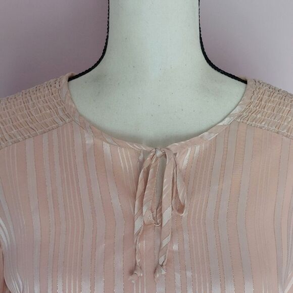 Angie Retro Pink Satin Metallic Bell Sleeves Smocked Cropped Top Size S NWT - Picture 4 of 12